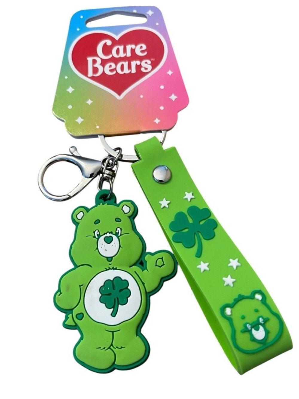 Care Bears Good Luck Bear Lucky 4 Clover Rubber Keychain Key Ring Wristlet New
